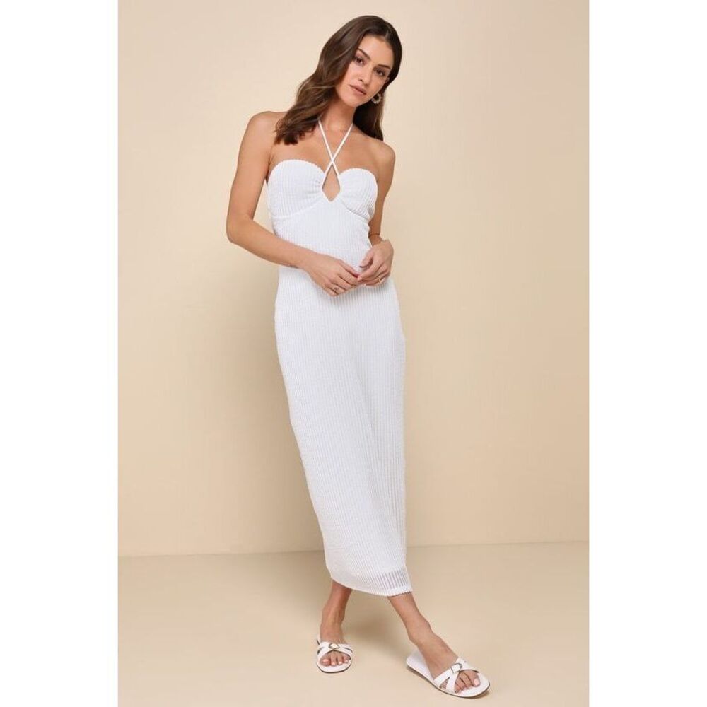 Flirty Passion White Textured Ribbed Knit Halter Midi Dress